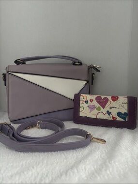 Blush Lavender Geometric crossbody/handbag with Heart-Print Wallet
